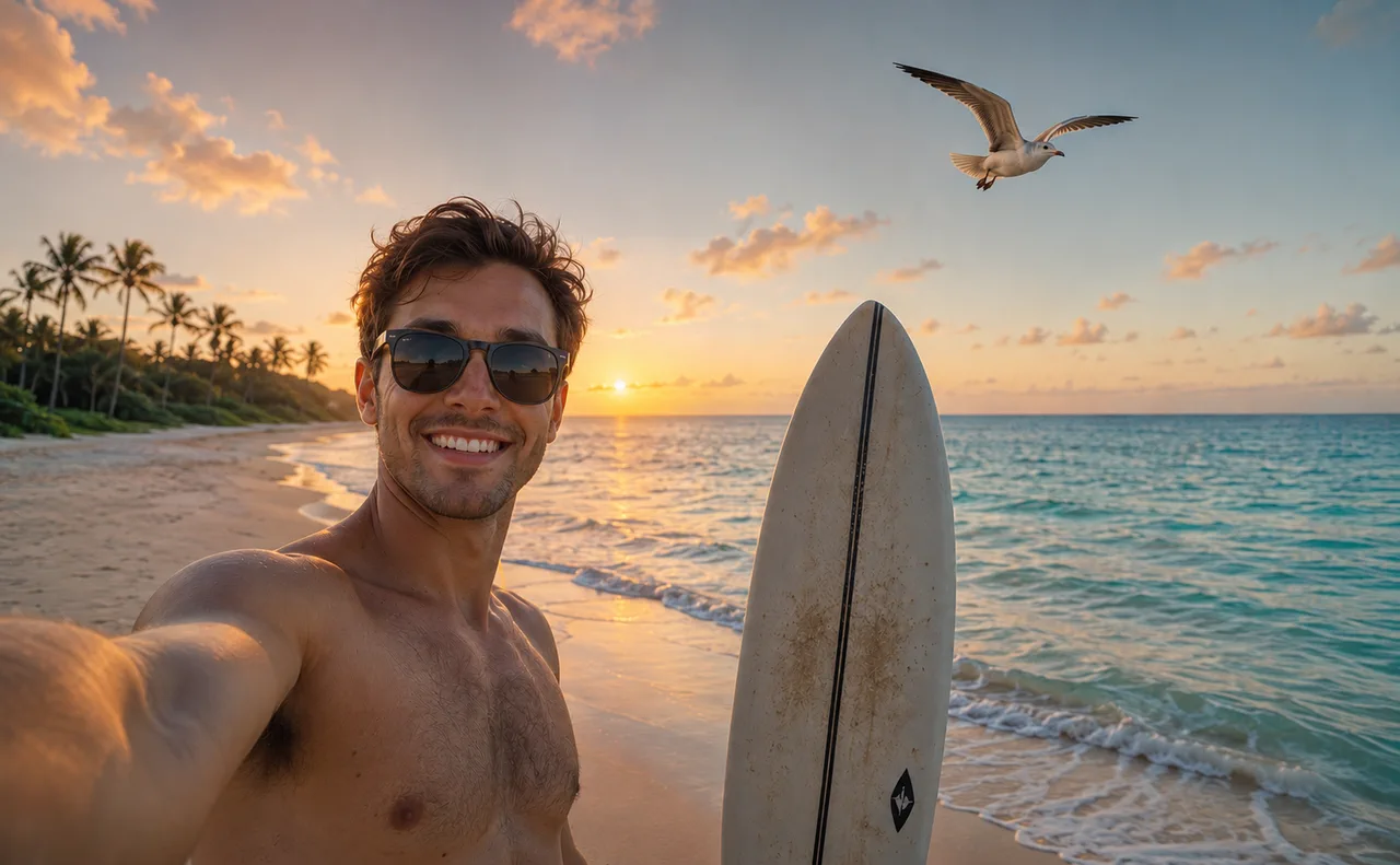 Beach selfie analysed by the on-device vision models